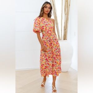 Hello Molly Summer blossoms midi dress, cutout waist, one shoulder puff sleeve